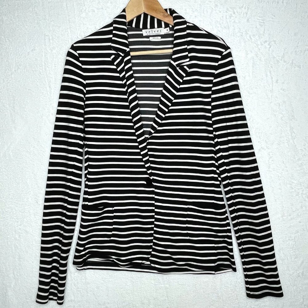 Velvet by Graham Spencer Knit Blazer Black White Stripe One Button Size M